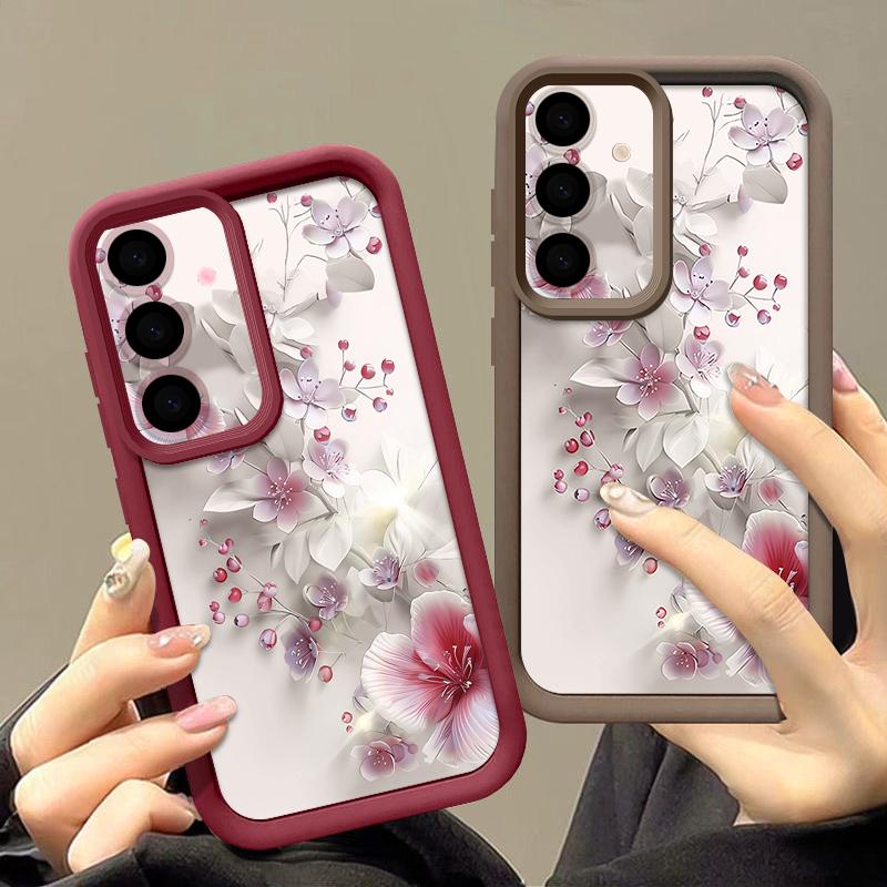 Pink White Flower Pattern Case For Samsung Galaxy A57 A37 A17 A56 A36 A26 A16 5G A55 A35 A15 A54 S21 FE S22 S23 S24 Plus S25 Edge S26 Ultra Cover