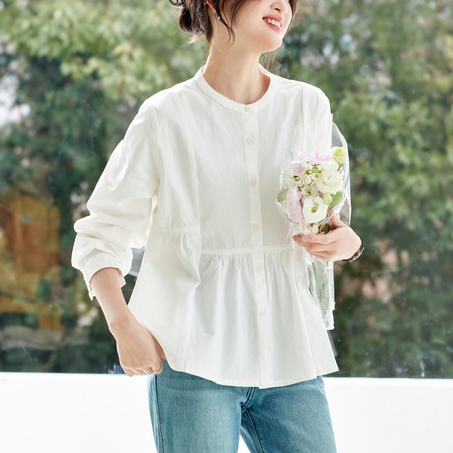 Women s White Round Neck Long Sleeve Loose Doll Shirt - 2026 Spring Collection One Size белый