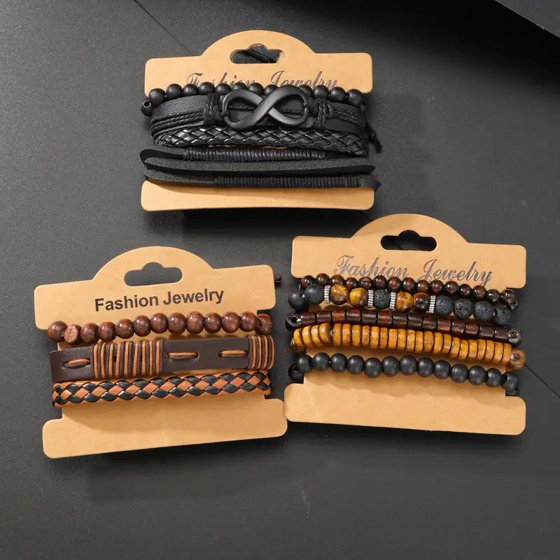 17KM 12 Pieces, Men's Fashionable Punk Imitation Leather and Wooden Bead Bracelet, Casual Style Can Be Layered, Suitable for Daily Wear and Parties