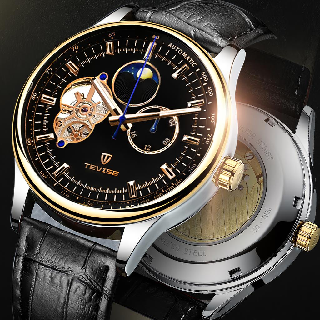 Men's Fully Automatic Mechanical Watch Tourbillon Hollow Dial 24-hour Moon Phase Window Business Waterproof Noctilucent Men's Fashion Mechanical Watch