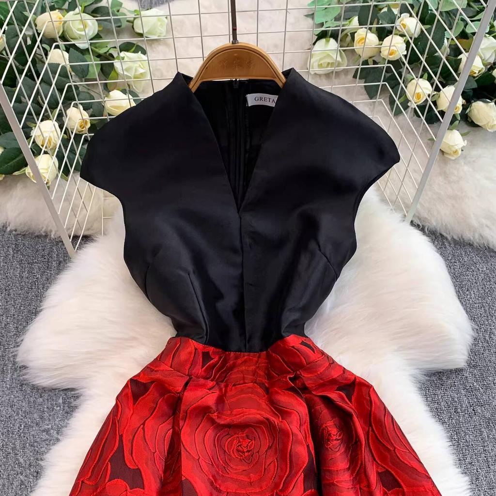 Elegant Women Contrast Color High Waist Evening Dress Beautiful Chic Jacquard Waist-cinching A-line  Spring New Women DRESS