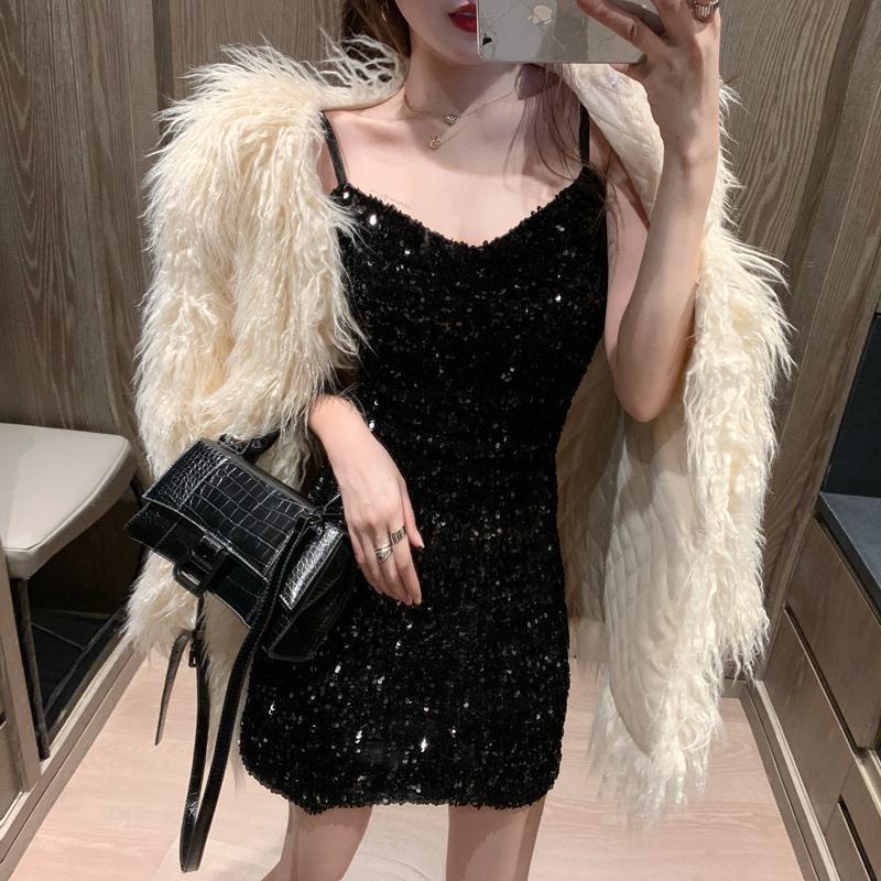 Sequin Camisole Dress with Coat - Women's Autumn/Winter Hip-Wrapping Black Evening Dress