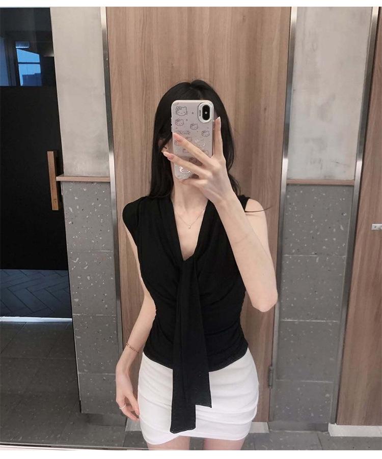 Korean Dongdaemun Pleated Sleeveless Slim-Fit Sash Top for Women