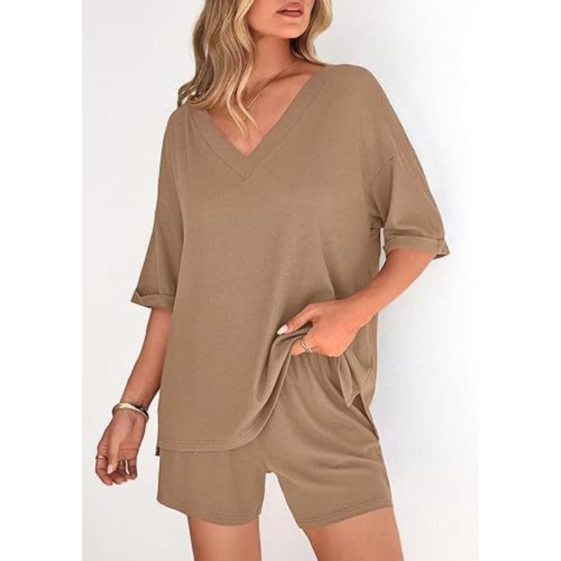Women S V Neck Short Sleeve Top And Shorts Casual Set