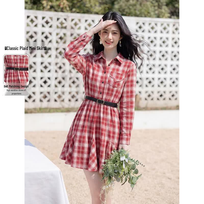 Mokana Women s French Plaid Long-Sleeve Shirt Dress M
