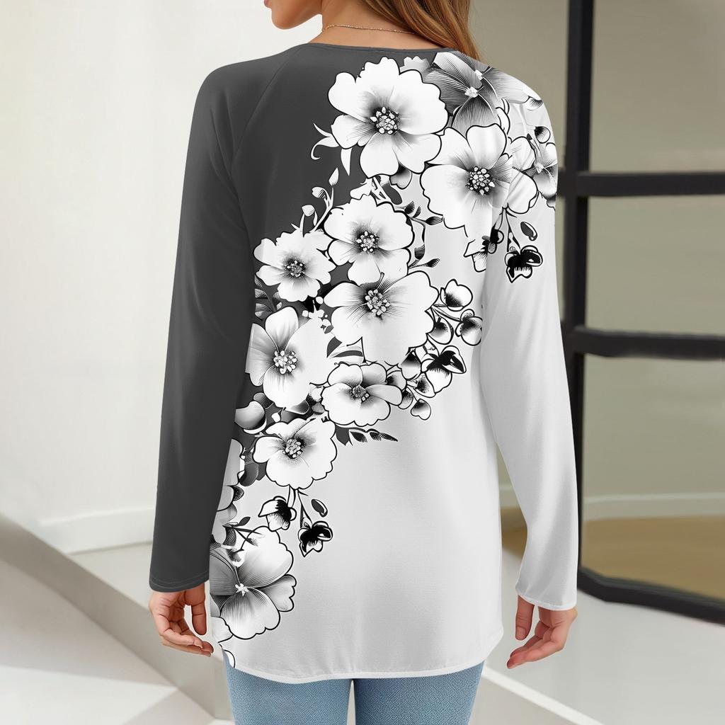 Damenmode, lässig, langärmelig, bedruckt, Rundhalspullover, Top-Bluse