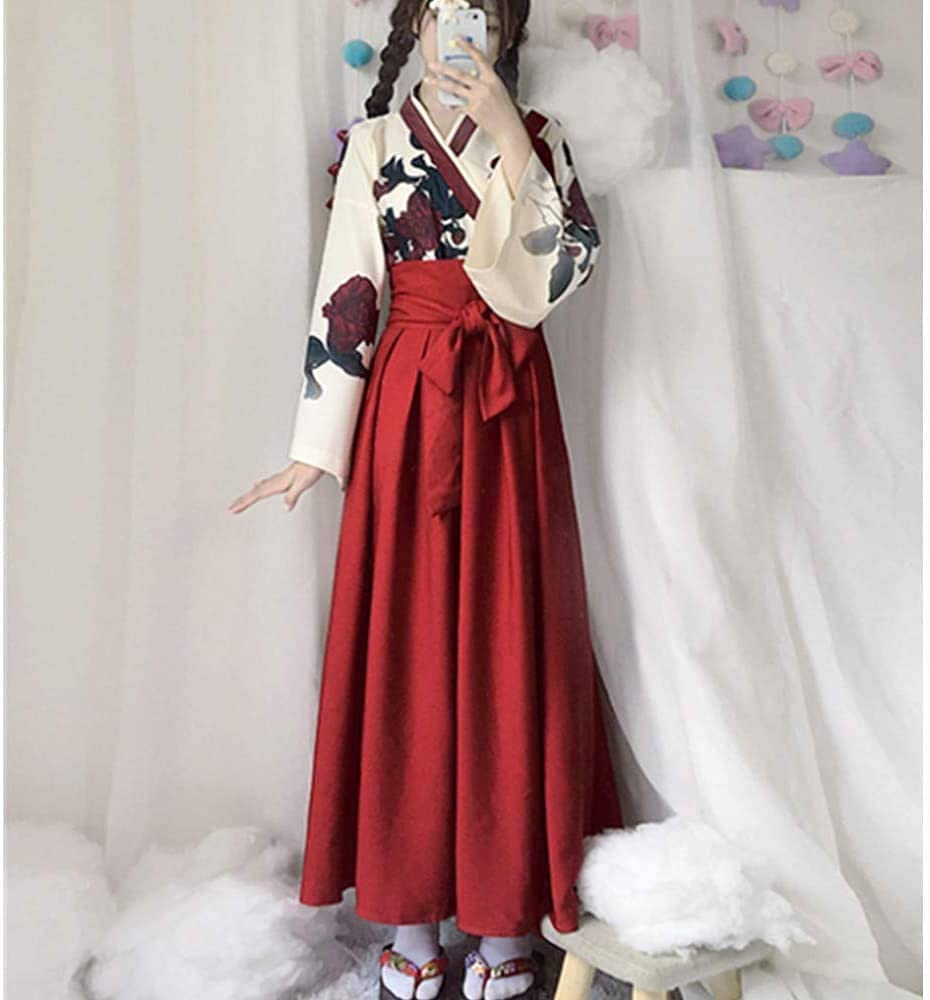 Taisho Roman Hakama Japanese Clothes Kimono Cosplay Costume Long Disguise Yukata Rose Rose Pattern [Lady Lazy] Women's Women's (Red, S)