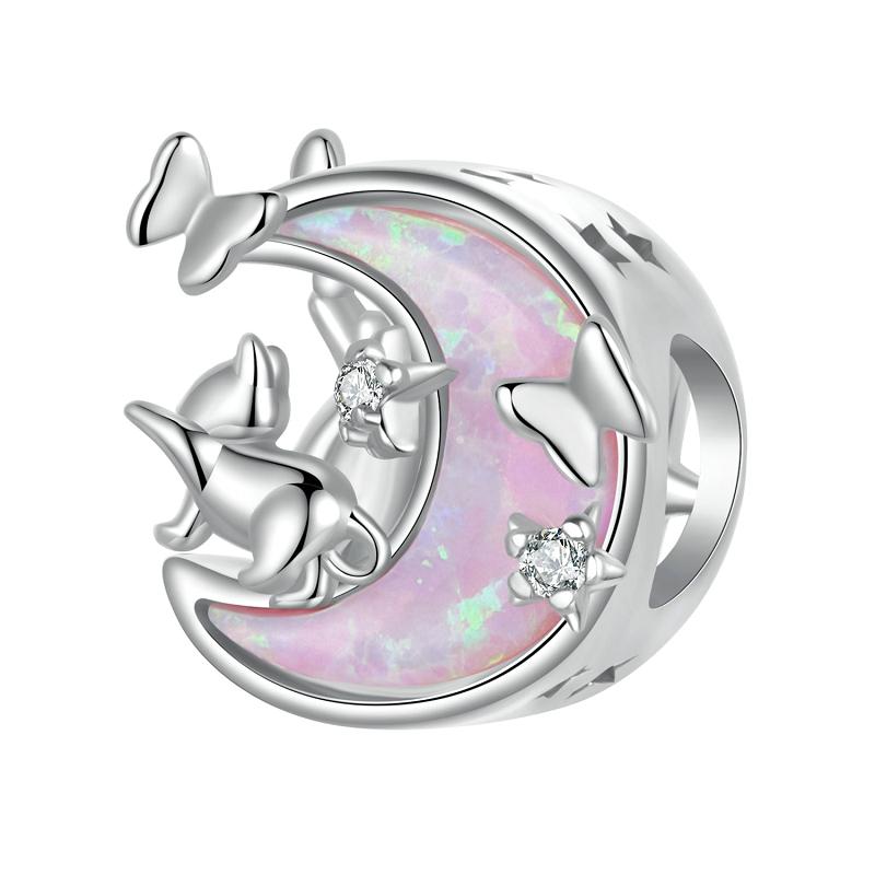 WOSTU 925 Sterling Silver Pink Opal Moon Cat Charm Glow In Dark Pet Paw Pendant Cat's eye safety Chain Fit Original Bracelet DIY