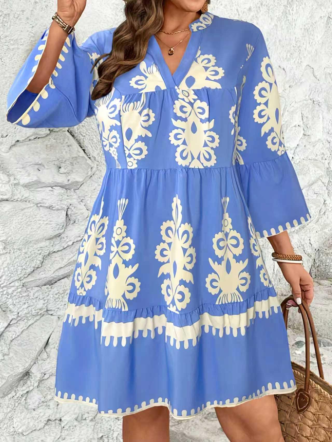 

Blue & White Retro Print V-Neck Plus Size Women s Summer Dress - Three-Quarter Sleeve 5XL синій