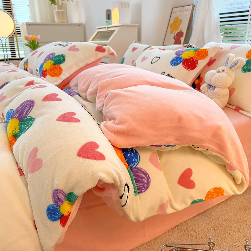 Ins Verdickter Milchsamt Vierteiliges Set Warmer Korallensamt Tagesdecke Bettbezug Flanellbettwäsche