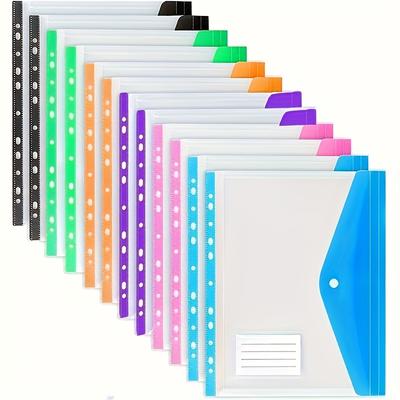 6 Stück A4 Großformatige Loseblatt-Dateitaschen | Modernes PP-Material, Erweiterbare Knopf- und Etikettentaschen, 11-Loch-Binderringe - Tragbares Design