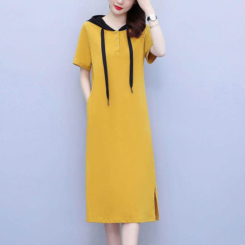 Summer Women Hooded Dress Long Loose Fit Casual Slimming Elegant Youthful Knee Length Short Sleeve