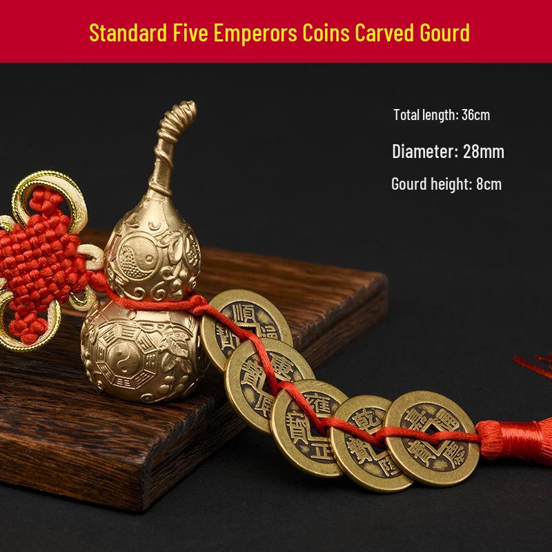 Pure Copper Chinese Lucky Knot Pendant with Five, Six, and Ten Emperor Coins - Door or Threshold Decoration.