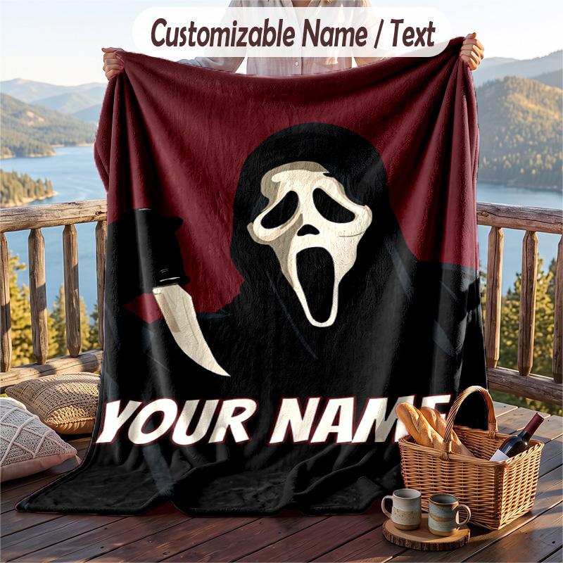 Custom Text Flannel Throw Blanket, Lightweight Cozy Bed Sofa BlanketScream Ghostface