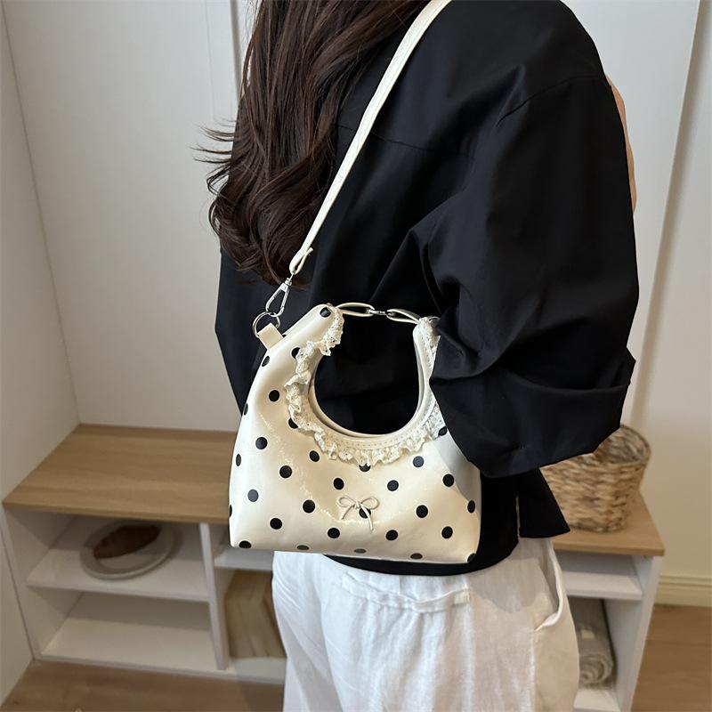Polka Dot PU Leather Bag with Detachable Strap Lace Ruffled Handle Cute Bow Casual Purse for Daily Use