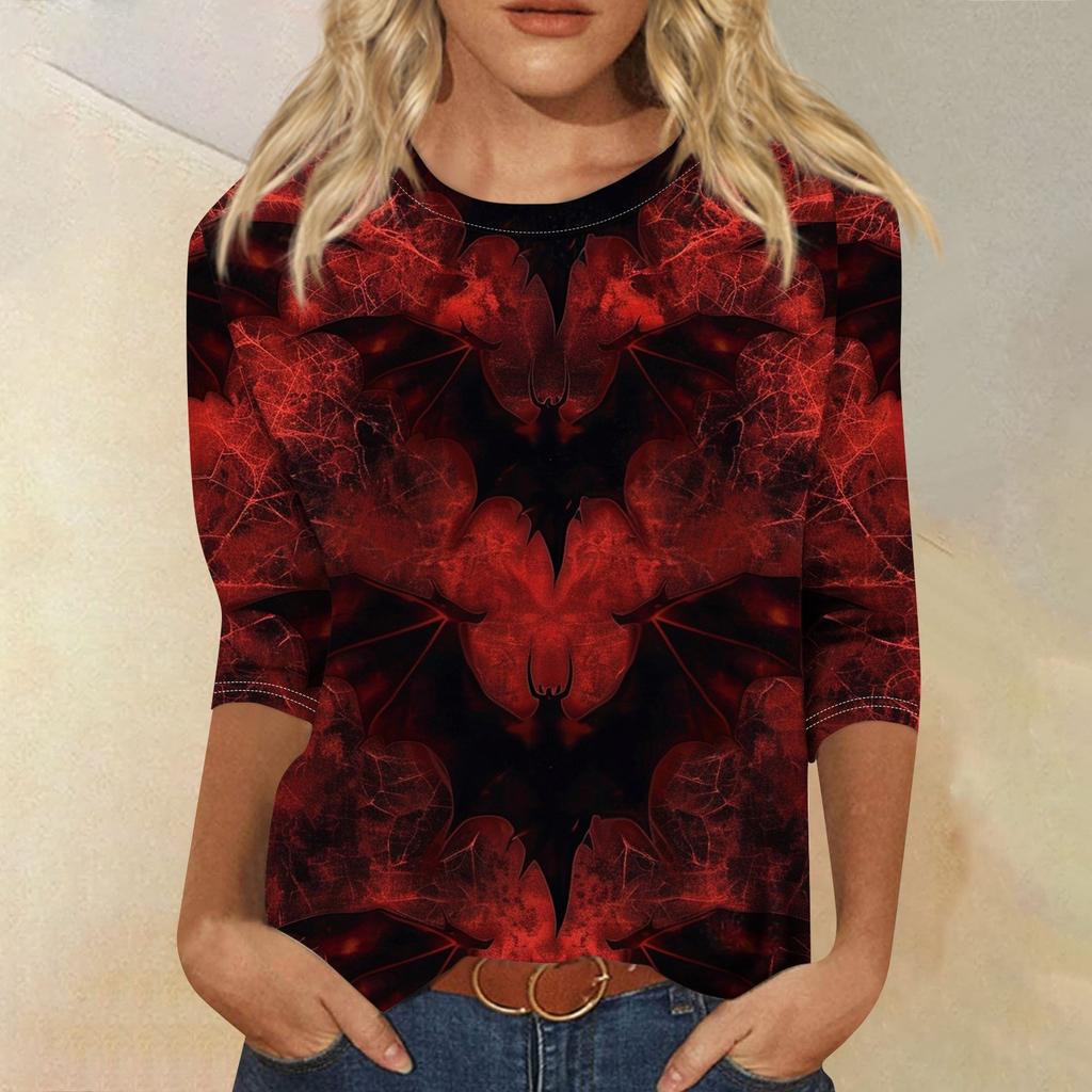 Dámské módní ležérní top s tříčtvrtečním rukávem a halloweenským potiskem, kulatý výstřih