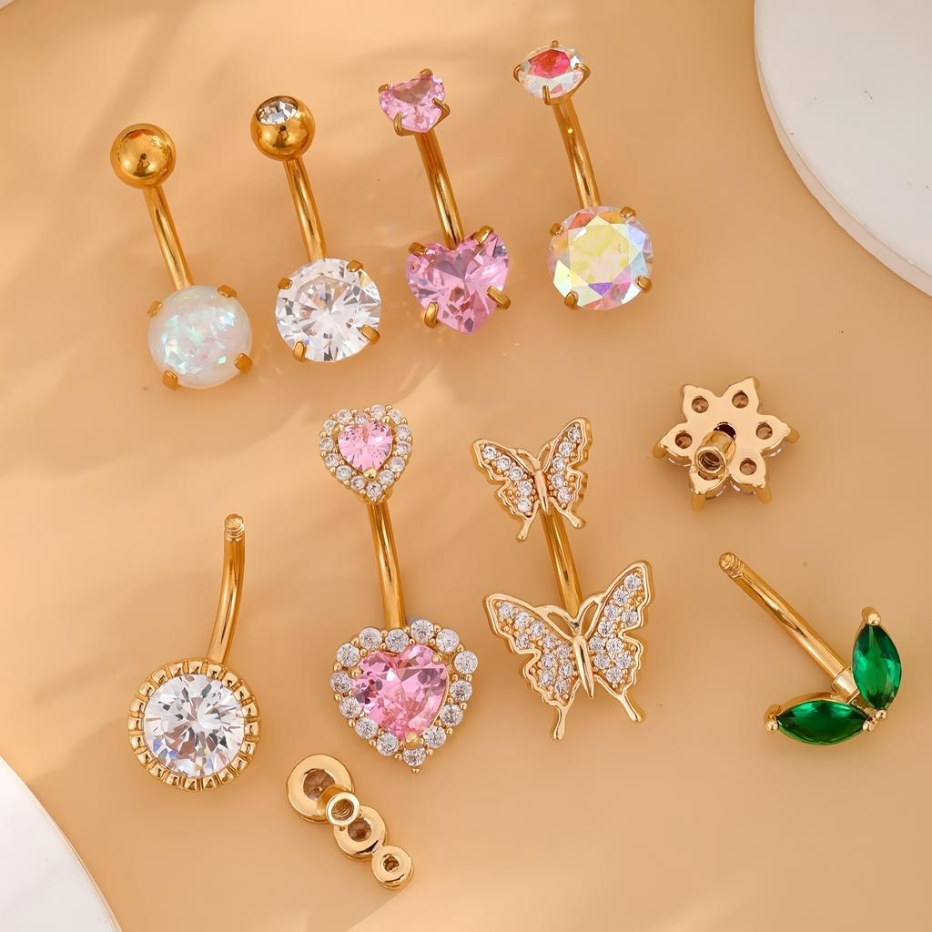 Golden Women's Fashion Classic Butterfly Heart Stainless Steel Navel Ring Set, Various Styles, Suitable for All Seasons