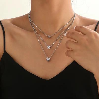 Fashionable Multi-Layer Star and Heart Pendant Necklace