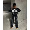 LUXEON Gothic Punk Hip Hop Gewaschener Hoodie Y2k Retro Streifenstickerei Reißverschluss Kapuzenpullover Rock Harajuku Herren Damen Streetwear