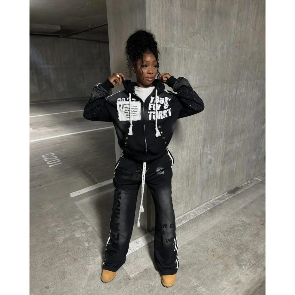 LUXEON Gothic Punk Hip Hop Gewaschener Hoodie Y2k Retro Streifenstickerei Reißverschluss Kapuzenpullover Rock Harajuku Herren Damen Streetwear