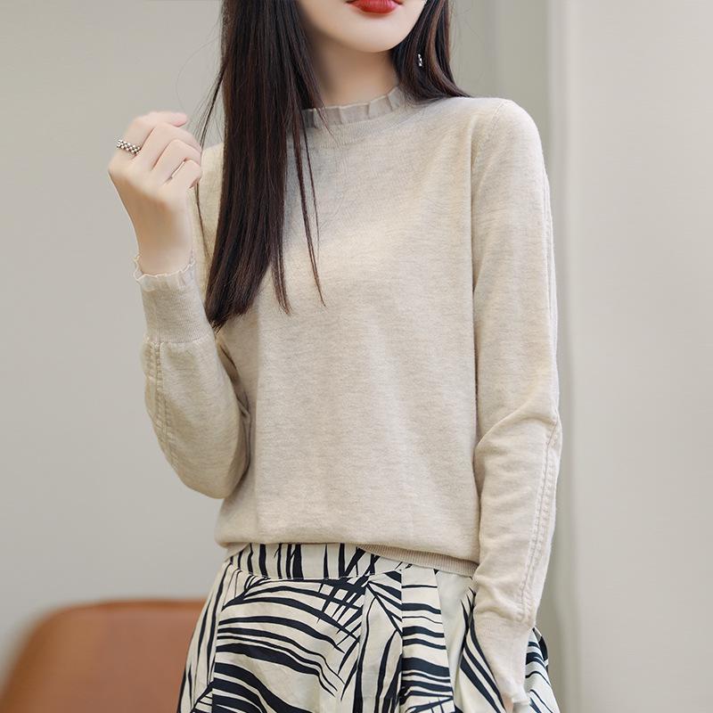Women's 2023 Lace Collar Wool Sweater, Patchwork Knit Base Layer, Solid Color Autumn/Winter Fashion.