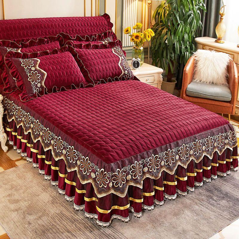 Europäische Luxus Tagesdecken Königin König Größe Prinzessin Kristall Samt Königin Bettwäsche Set Spitze Bett Rock Verdickt Warme Bettdecke