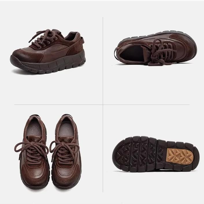 Johnature Genuine Leather Retro Thick Soled Shoes With Lace Up Commuting Versatile Women's Shoes