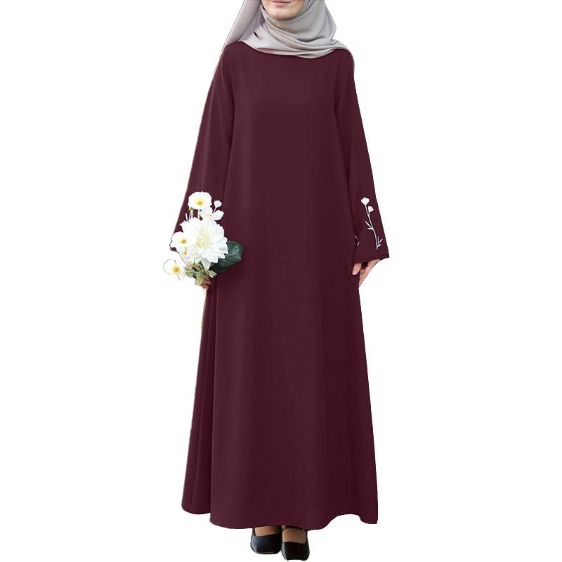 ZANZEA Women Round Neck Casual Floral Embroidery Long Sleeve Loose Muslim Dress
