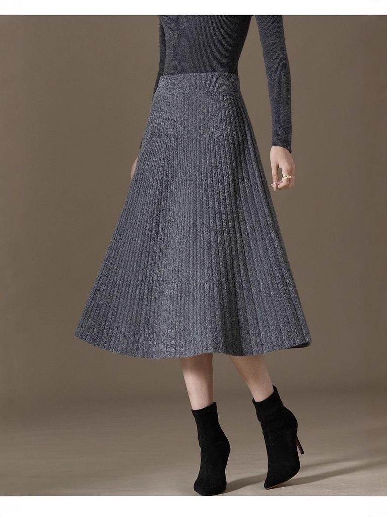 Autumn/Winter 2025 Pleated Midi Skirt - 100% Cashmere, Slimming, Solid Color, Versatile and Stylish.