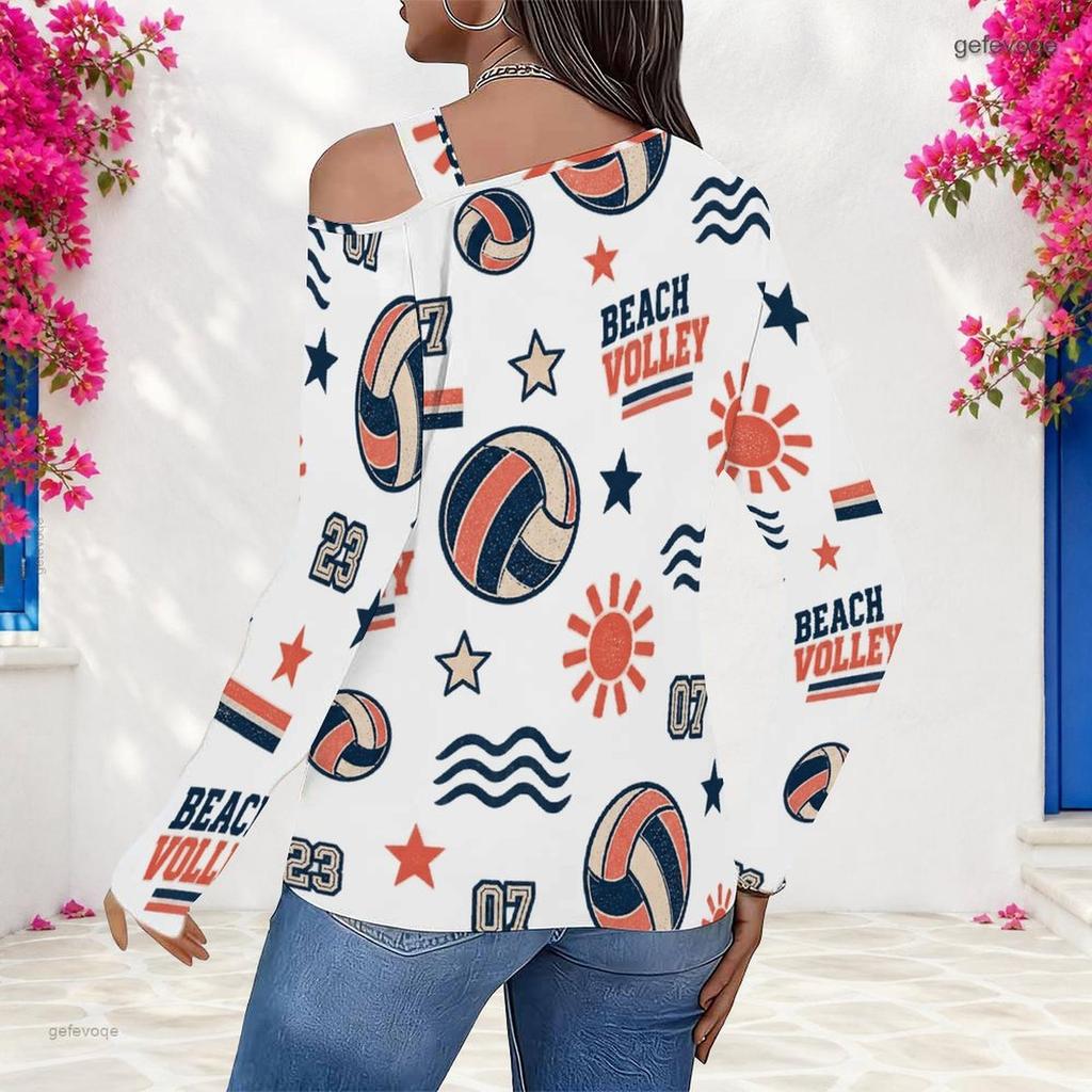 Women Plus Size Asymmetric Cutout Neck Cold Shoulder Long Sleeve Camping Printed Top