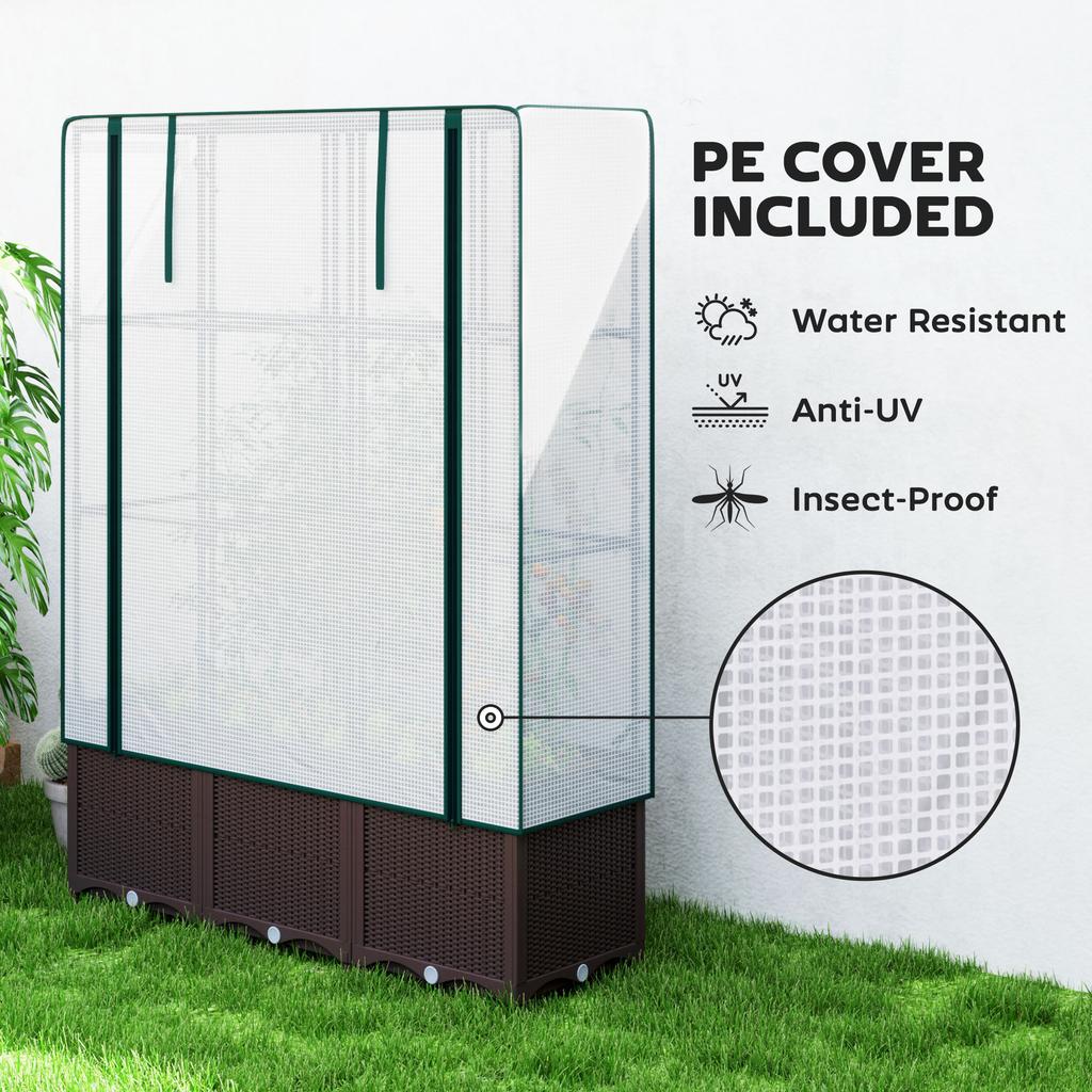 Raised Garden Bed with Trellis, Plastic Planter Box with PE Cover, Drainage Holes, Drain Plugs and Water Reservoirs for Climbing Plants, Vegetables