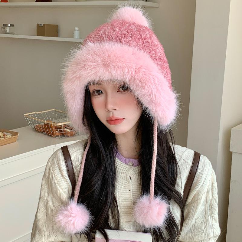 Korean Versatile Big Head Circumference Plus Velvet Thickened Warm Hat In ColdSeason Cute Fur Ball Bag Head Hat Windproof Ear Protection Hat Women