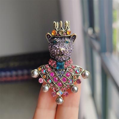 Spilla Orso Corona di Diamanti Pieni Medievale Vintage Stile Corte Vintage Alta Bigiotteria Spilla Animale per Cappotto