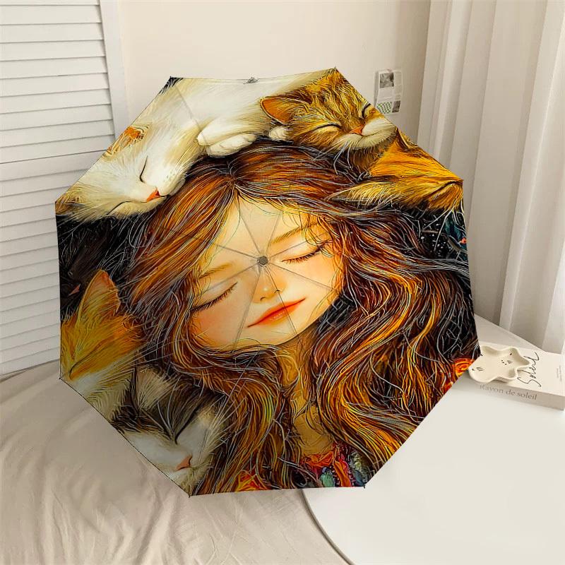 1pc girl cats Automatic Open/Close Umbrella Compact Folding Umbrella with 8-Rib Shaft for Women/Men, Elegant Birthday1145S