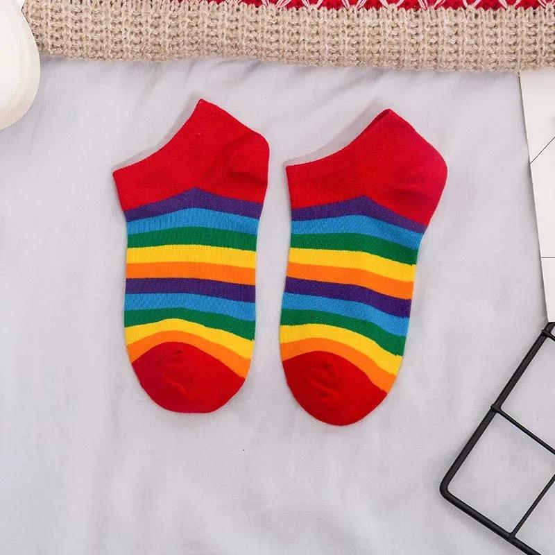 Harajuku Cute Rainbow Ankle Socks Ladies Funny Kawaii Color Yellow White Black Cotton Socks Girls