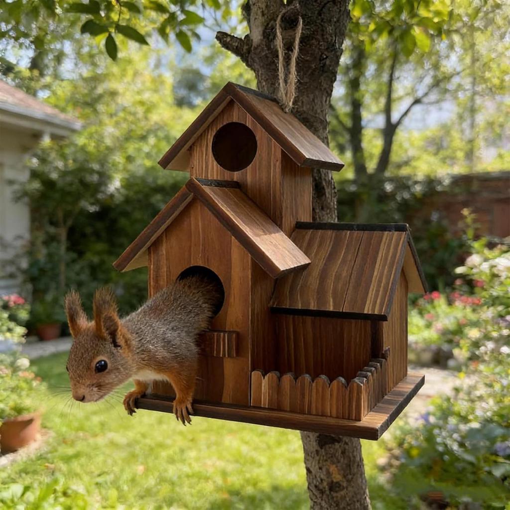Squirrel Feeder Three-Room Design Wooden Feeding Outdoor Station Chipmunk Feeder with Flexible Roof for Garden Tree Deck Patio