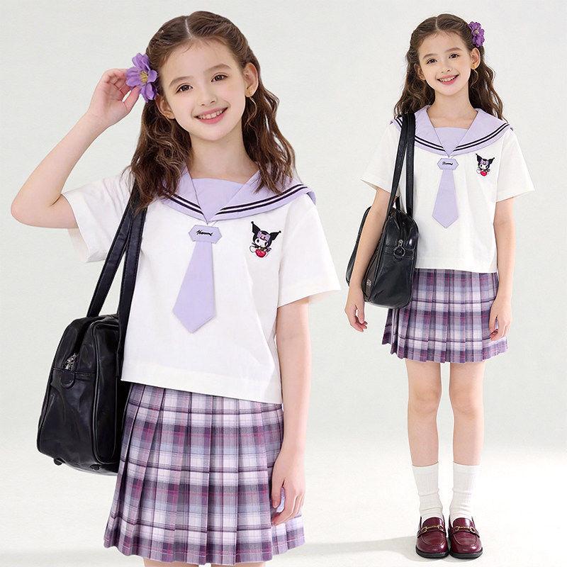 Girls Korean Style Kuromi Two-Piece Summer Set - Cartoon Short Sleeve Shirt & Plaid Skirt 160 cm фиолетовый