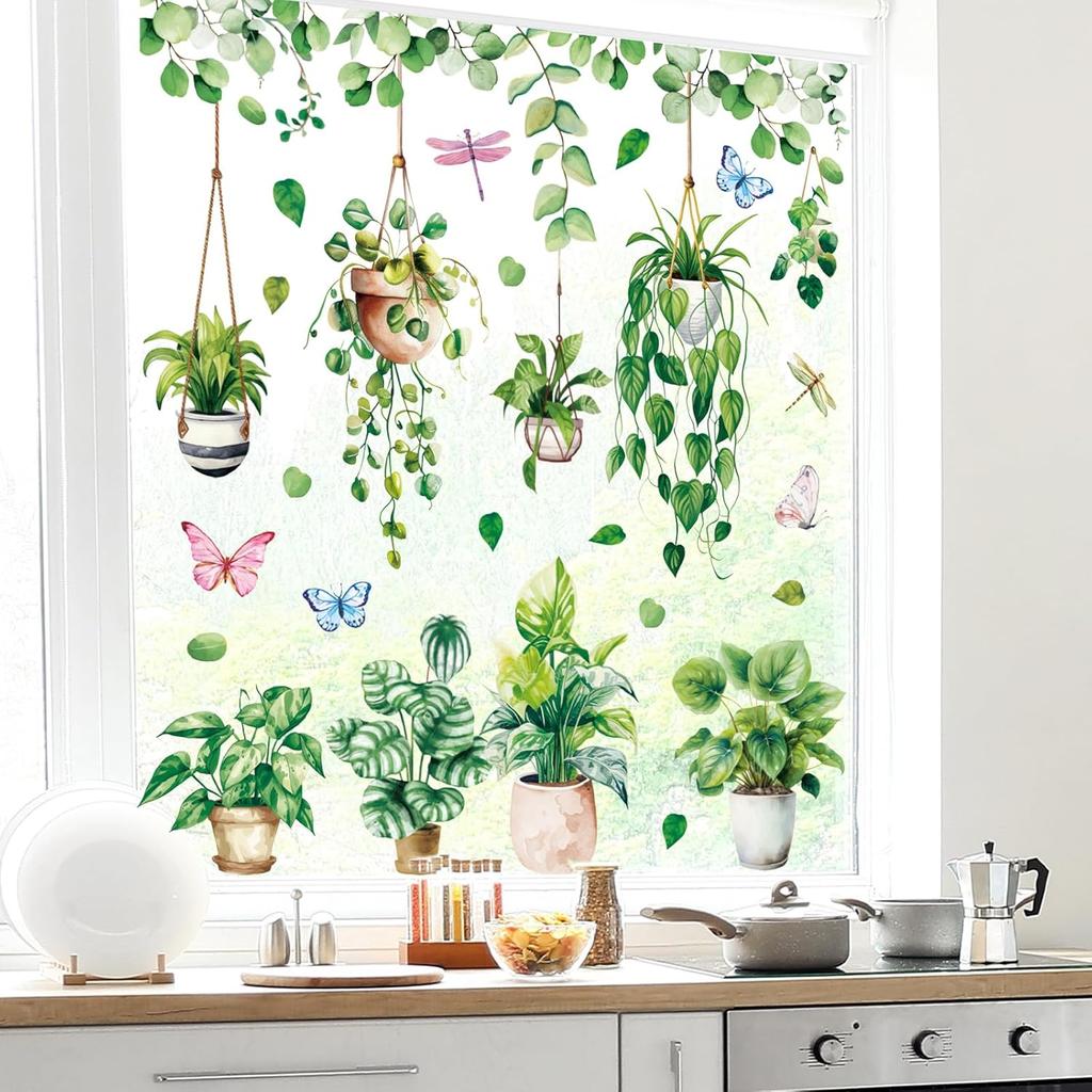 Whaline 6 Sheet Potted Plant Window Clings Hanging Vine Plant Eucalyptus Leaves Reble Window Decals for Home School Office Spring Summer Party