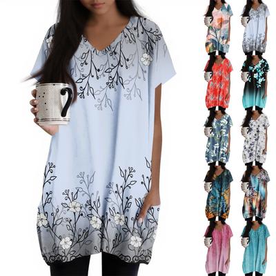 Womens Tops V-neck Short Sleeve Blouses Casual Mid-length Shirts Fashion Print Tunic Tops With Pockets