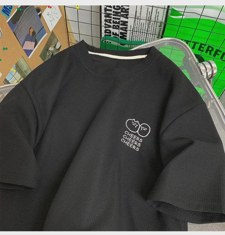 Men's Summer Waffle Knit Ice Silk Short-Sleeve Embroidered T-Shirt - Korean Fashion, Loose Fit, American Heavyweight.