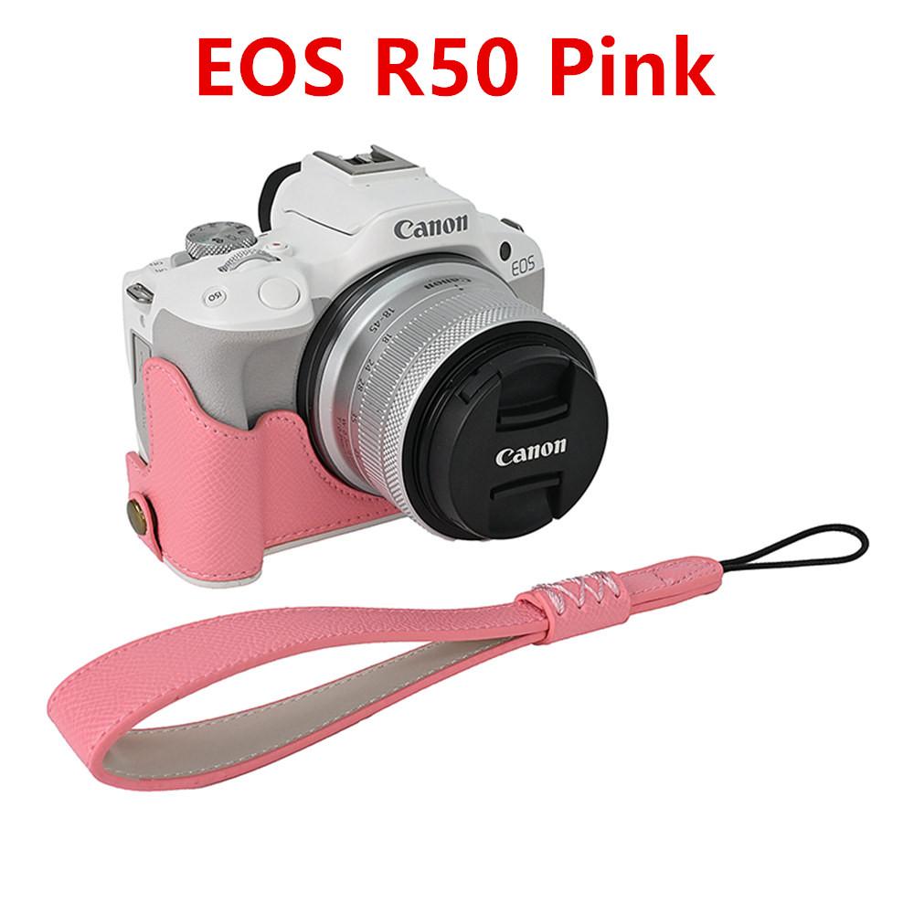 Palm Print PU Leather Camera Half Case For Canon EOS R50 R10 R8 Battery Opening Bottom Cover With Hand Strap