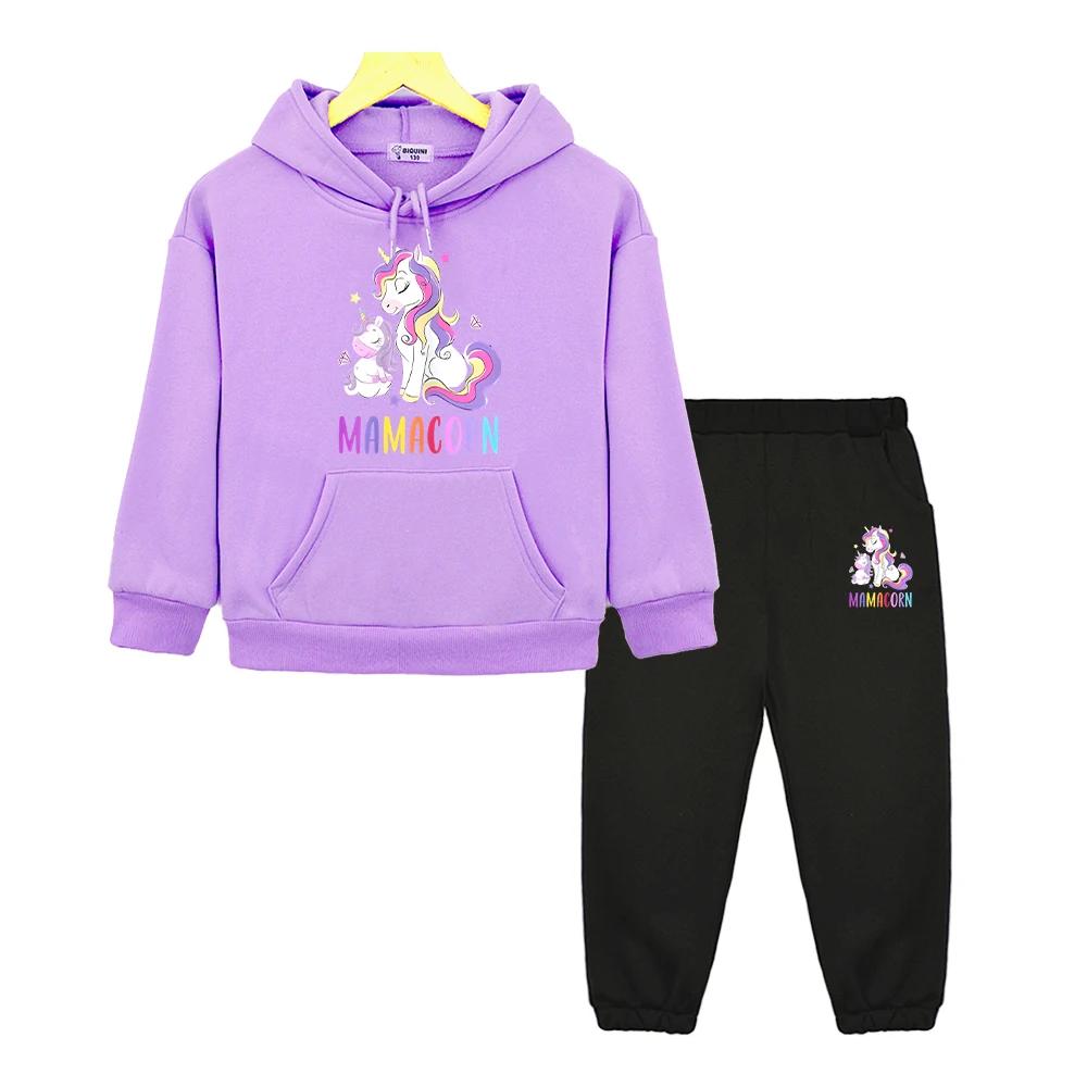 Unicorn Print Boys Girls Hooded Sets Kawaii Anime Hoodie Autumn Sweatshirt Fleece Pullover Cartoon 2PCS Jacket+Pants Kids Boutique Clothes