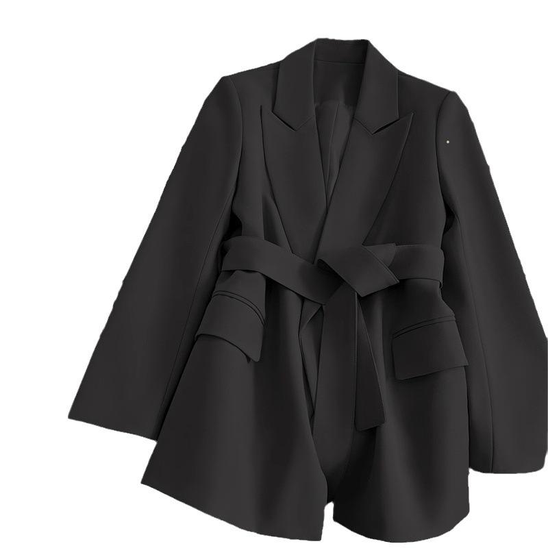 Women's Black Tie-Waist Slimming Suit Jacket - 2025 Spring/Autumn Korean Style Fashion.