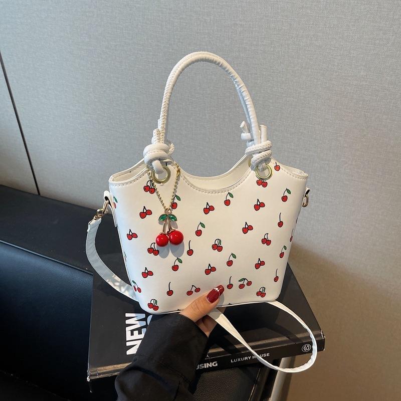 

Сумка в стиле ретро, модная сумка-ведро через плечо с принтом вишни, текстура с цветовой блокировкой, сумка на одно плечо Without pendant белый