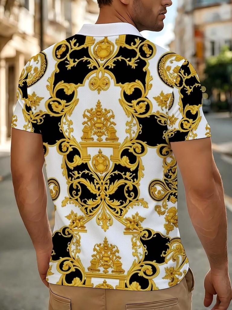 [Print Design - Not Textured] Men'S Outdoor Short Sleeve Polo Shirt, Multi-Size Available, Men'S Collared Polo, Black Golden Baroque Retro Floral