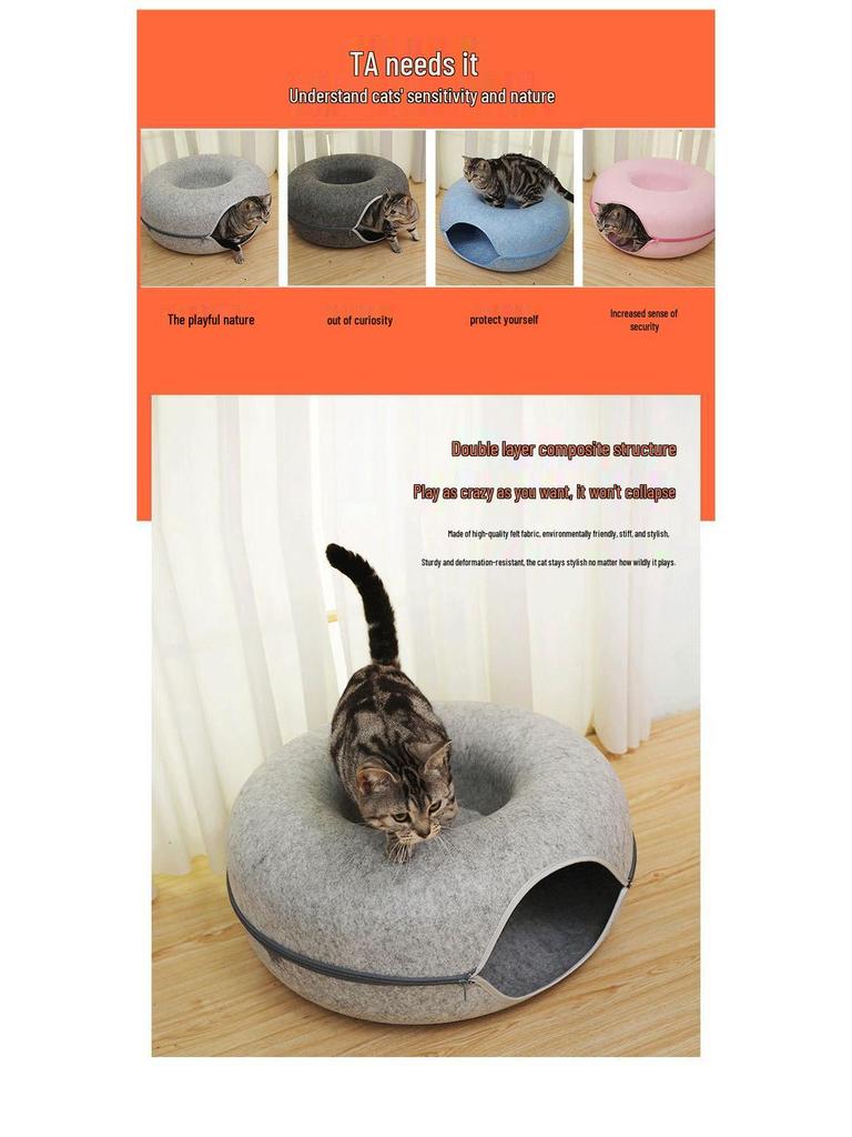 Donut Tunnel Style Felt Cat Bed - Breathable, Removable, Washable, All-Season Use