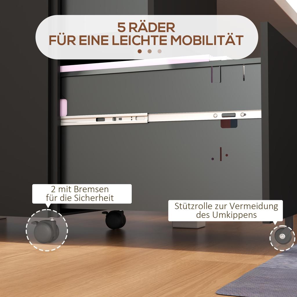 Mobile Pedestal Filing Cabinet, 2 Drawers, Lockable, Rollable, 37 cm x 43.5 cm x 67.5 cm, Black