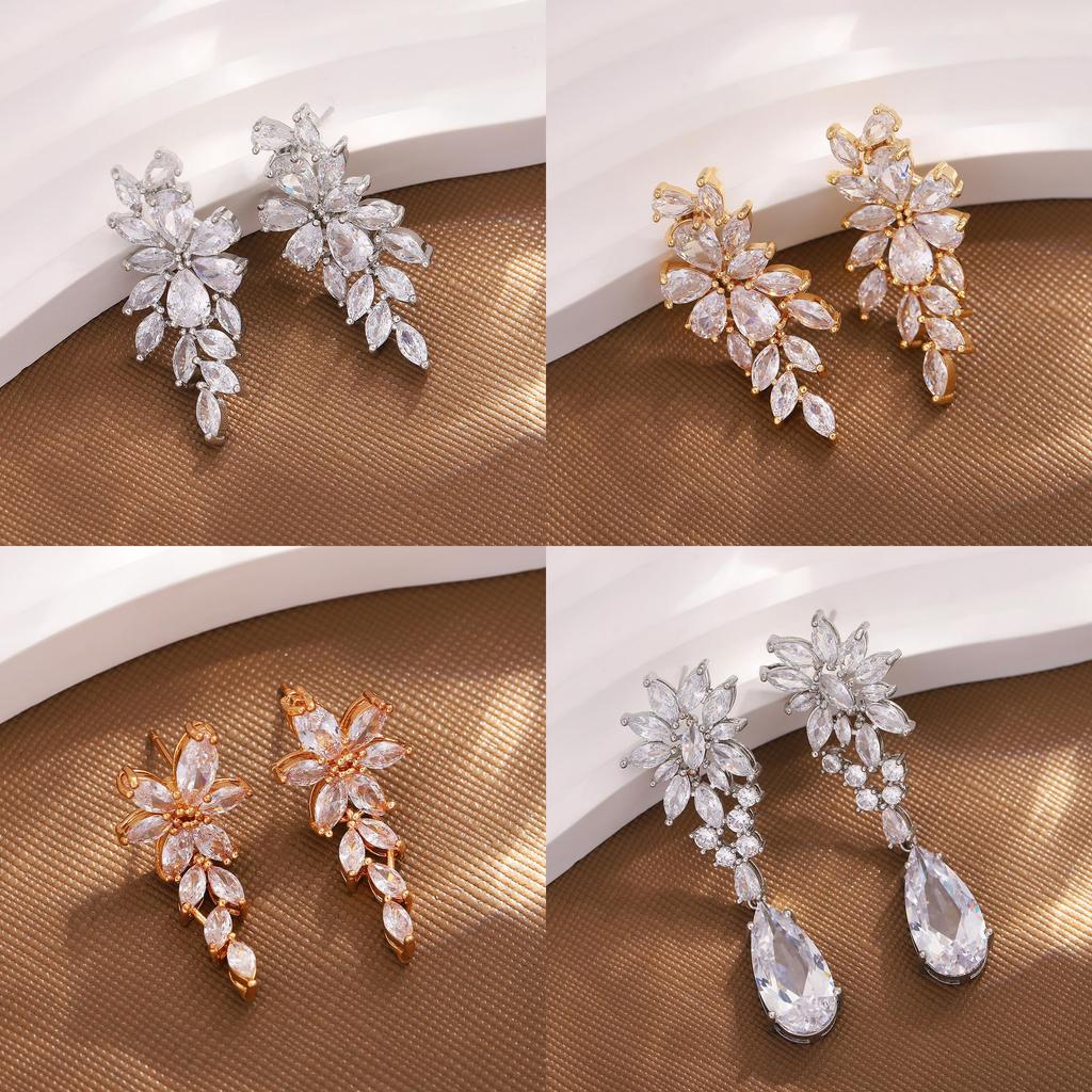 Water Drop Zircon Flower Leaf Earrings For Weddings And Party Jewelry Women