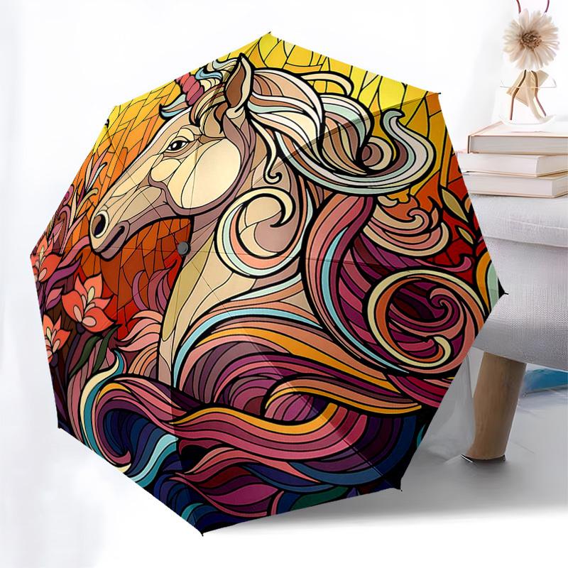 

1pc Stained Glass Unicorn Design Automatic Folding Umbrella - Portable 3-Fold Design with 8-Bone Iron Frame, Outdoor, Festive Gift for Fans, Travelers