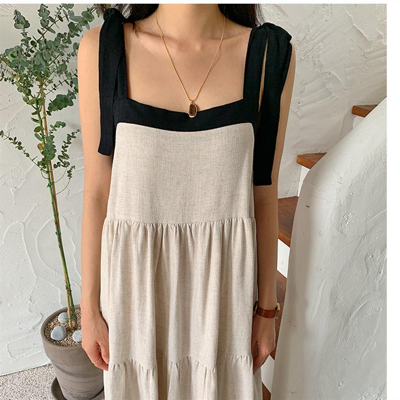 Suspender skirt spring and summer women s long sleeveless cotton and linen dress M зелёный